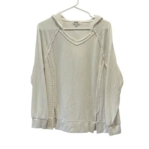 BKE Hooded Sweater Womens Small Cream Waffle Knit V-Neck Exposed Seam Hood thumbnail 2