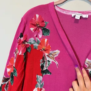Chico's Floral Colorblock Open Front Cardigan Pink Red Longline Sweater XL‎ thumbnail 3