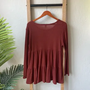 Lazy sundays NWT Waffle-Knit Tiered Henley Tunic Top in Rust thumbnail 5