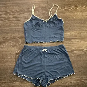 New Boutique Women's blue Bow Knot Ruffle Trim Sleepwear Set. Size Medium thumbnail 1