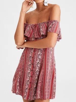 American Eagle Boho Dress Ruffle Off The Shoulder Rose Pink Button Front thumbnail 1