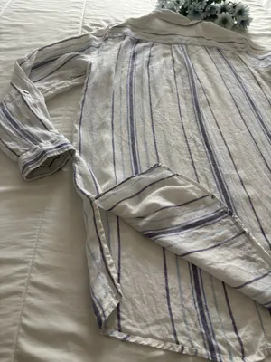 St Tropez West Womens L 100% Linen Striped Tunic Shirt Blue White Beach Vacation thumbnail 7