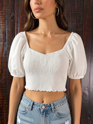 American Eagle Cotton Linen White Puff Sleeve Smocked Crop Top - M thumbnail 1