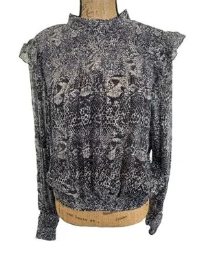 Free People Roma Top Gray Snake‎ Print Smocked High Neck Edgy Revolve Size Large thumbnail 1