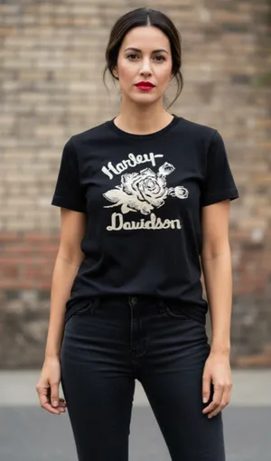 Harley-Davidson Short Sleeve Tee Size M (18” PTP) Black White Rose thumbnail 1