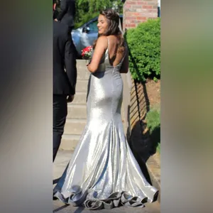 Jovani Silver/Goldish Dress with long, beautiful train thumbnail 2