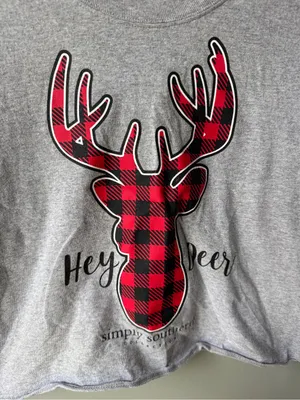Simply Southern Hey Deer Buffalo Plaid Crop Top Long Sleeve Gray thumbnail 2