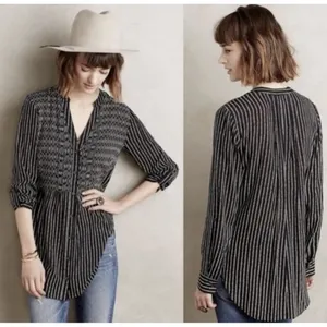 Anthropologie Maeve Size-8‎ Tunic Top Calia Black Geometric Stripe Buttondown thumbnail 2