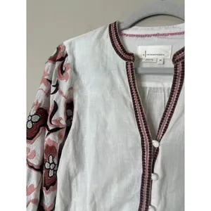 Anthropologie Simona Top‎ Womens XS White Pink Embroidered Floral Puffy Sleeve thumbnail 3