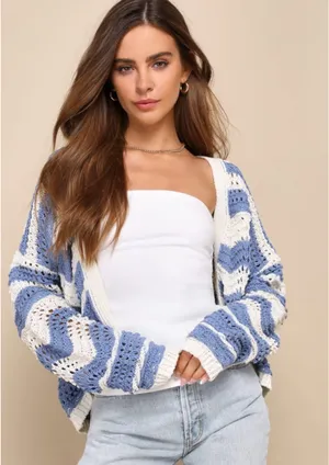 Lulus Blue Striped Open Cardigan  thumbnail 1