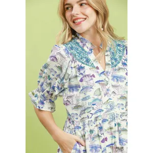Umgee Print Tiered Midi Dress - Blue - Small thumbnail 5