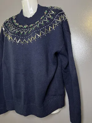Talbots Sweater Womens Large Blue Mock Neck Beaded Jewel Yoke Knit Pullover thumbnail 5