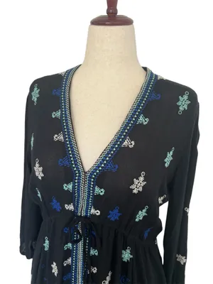 Free People Embroidered Mini Dress Black Boho Tunic Size M thumbnail 7