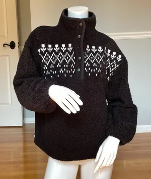 LOFT Women’s Sherpa Fleece Pullover Sweater Size S Black White Fair Isle Mock Neck thumbnail 1