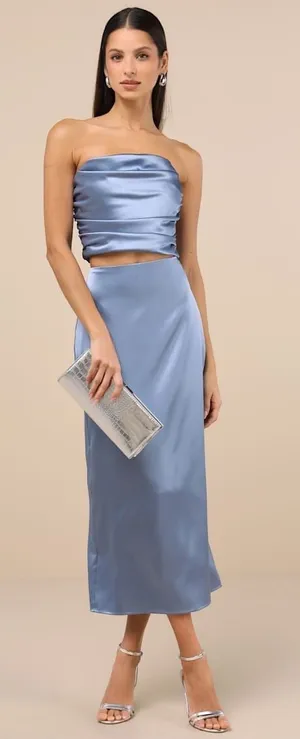 NWT Lulus Demure Sweetie Slate Blue Satin Strapless Two-Piece Midi Dress Sz M thumbnail 1