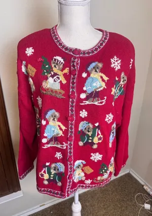 Vintage Heirloom Collectibles Christmas Teddy Bear Cardigan Red XL 1999 Holiday thumbnail 1