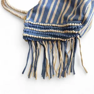 NWOT Blue Cream Boho Fringe Tote Bag Rope Handle thumbnail 5