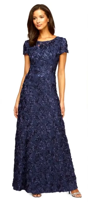 Alex Evenings Navy 3D Rosette Soutache Sequin Mother of Bride Gown Sz 10 Formal thumbnail 1