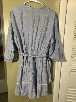 Zara Women's Size Large Mini Shirt Dress Blue White Stripes Crochet Belted Linen thumbnail 9