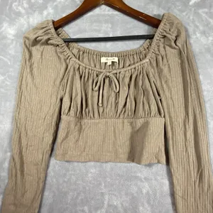 Madewell Ribbed Square Neck Keyhole Tie‎ Long Slv Crop Top Medium Brown Hipster thumbnail 11