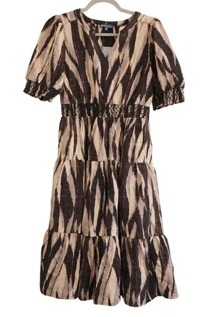 Democracy Women's Petite‎ Ikat Print Tiered Midi Dress Smocked Waist Summer thumbnail 1