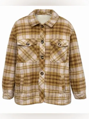Aerie Womens Shacket Shirt Jacket Small Yellow Pink Plaid Flannel Sherpa Lined thumbnail 1