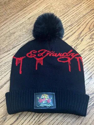 ED HARDY UNISEX Graphic Red Logo And Tiger Knit Pom Pom Beanie NWOT Size OS thumbnail 1