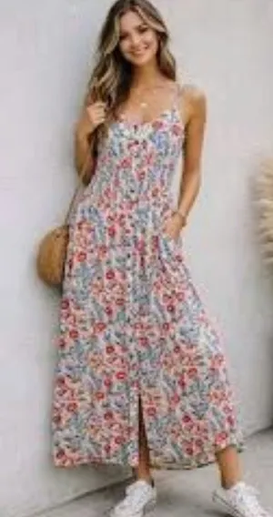 Billabong Cream Floral Spaghetti-Strap Maxi Dress with Red & Blue Blooms thumbnail 1