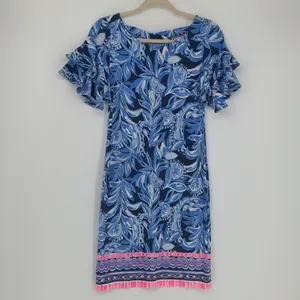 Lilly Pulitzer Blue Floral A-Line Dress XS Pink Border Ruffle Sleeve Rayon Spand thumbnail 2