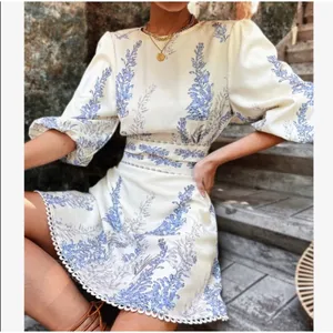 Boho Midi Dress Floral Print Cut Out Tie Back Cuff Sleeve Cream Blue Puff NWOT thumbnail 7