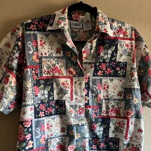 Vintage Floral Print Button Down 90s Short Sleeve Cotton Top Patchwork garden‎ thumbnail 2