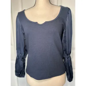 NWT Maeve Anthropologie Navy Ribbed Satin Tiered‎ Balloon Sleeve Top Size Small thumbnail 2