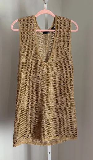 Moda International Open Crochet Knit Tunic Cover up in Metallic Tan Size L thumbnail 1