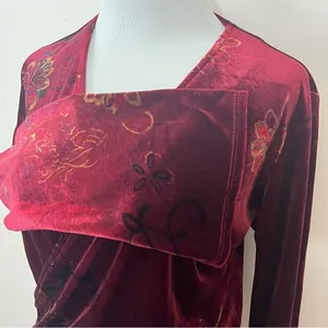 Clio Vintage Y2K Burgundy Velvet Floral Faux Wrap Top L thumbnail 3