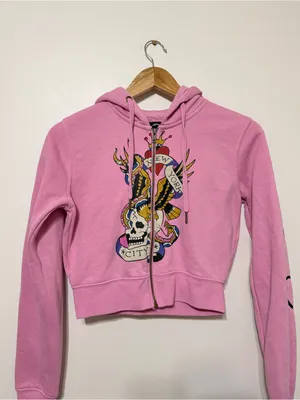 Ed Hardy Pink Skull Graphic Cropped Zip Hoodie Women’s NYC Medium thumbnail 4