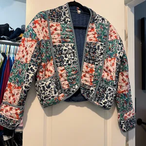 Quilted Floral Boho Cropped Jacket XL Blue thumbnail 3