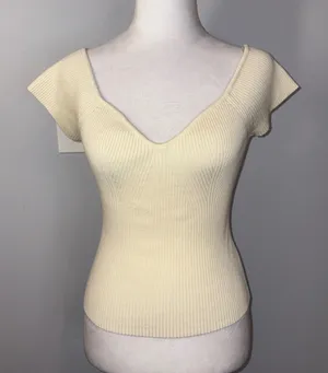 ASTR the Label Cream Ribbed Knit Top‎ V Neck Short Sleeve Fitted Womens Small thumbnail 1