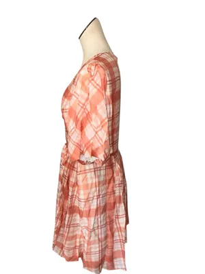 NWT EverNew Krissy Curve Plaid Wrap Dress Coral Check White Puff Sleeve 18 thumbnail 3