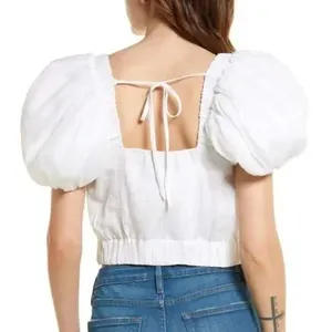 Frame Ruched Crop Puff Sleeve Blouse in Blanc‎ Size Medium NWOT thumbnail 3