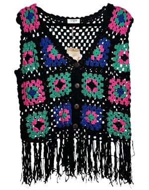 UMGEE Black Crocheted Squares Sleeveless‎ Cardigan Medium Grannycore Boho Fringe thumbnail 1