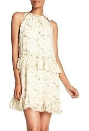 NSR‎ Floral Halter Ruffle Tiered Mini Dress Cream Pink XS CD9975 Made in USA thumbnail 1