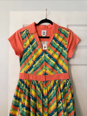 Disney Coral, Teal & Yellow Striped Fit-and-Flare Dress size M length 42” B32” thumbnail 2