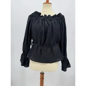 SCOOP Off Shoulder Peplum Blouse Black Tie Waist Long Ruffle Sleeve Casual Top L thumbnail 3