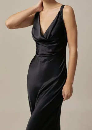 RIHOAS The Black Cowl Neck Sheath Satin Maxi Dress 22 thumbnail 3