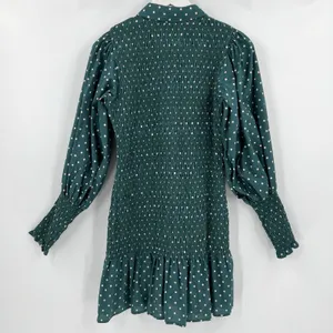 ASOS Smocked Polka Dot‎ Green Mini Dress Long Sleeves Collared Button Size 4 thumbnail 5