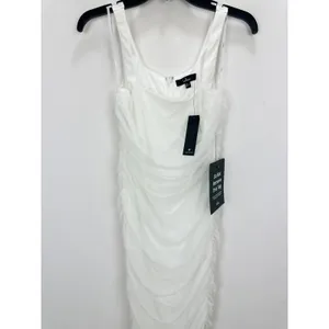 Lulus V.I.P. Treatment White Mesh Ruched Bodycon Midi Dress Cocktail Small NWT thumbnail 6