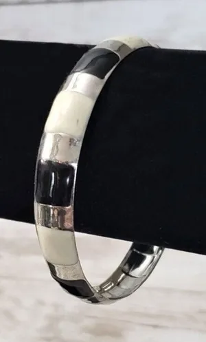 Vintage Bracelet / Bangle - Cream, Black & Silver Tone thumbnail 1