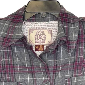 Empyre Overcoat Size Medium Gray Purple Plaid Womens Cotton Button UP &‎ Belted thumbnail 2