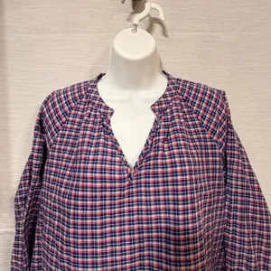 Madewell Womens Blue Red Plaid Cotton Linen Tie Cuff Blouse‎ G1412 Size M thumbnail 4