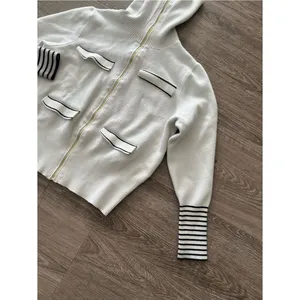 Marc New York Turtleneck Sweater Womens M Ivory White Full Zip Black Stripe Knit thumbnail 5